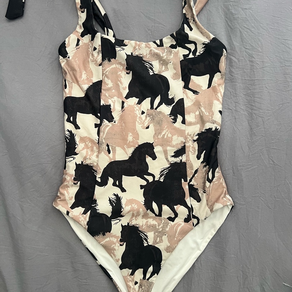 Beach Riot Black and Tan One Piece Swimsuit Plunging Neckline